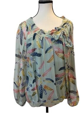 Sage green peasant blouse with feather design Size L/XL romantic boho oversized